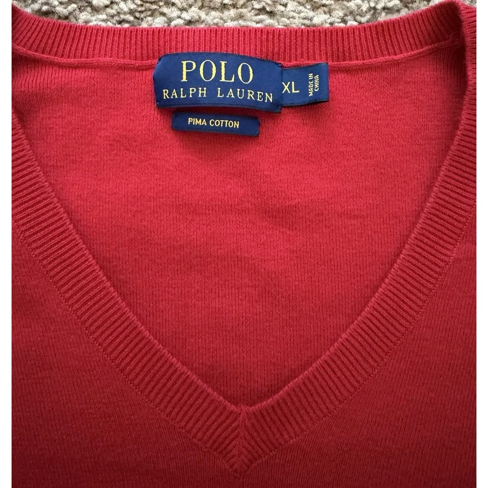 Polo Ralph Lauren Sweater Men Red Pima Cotton V Neck Pullover Lightweight Sz XL